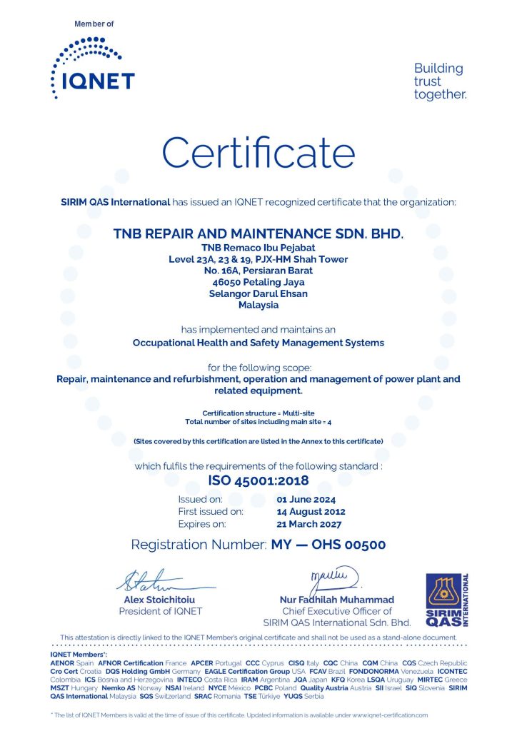 IQNET Certificate TNB REPAIR AND MAINTENANCE- Multi-site (OHS) (1)_Page_1 TNB REMACO Homepage 13